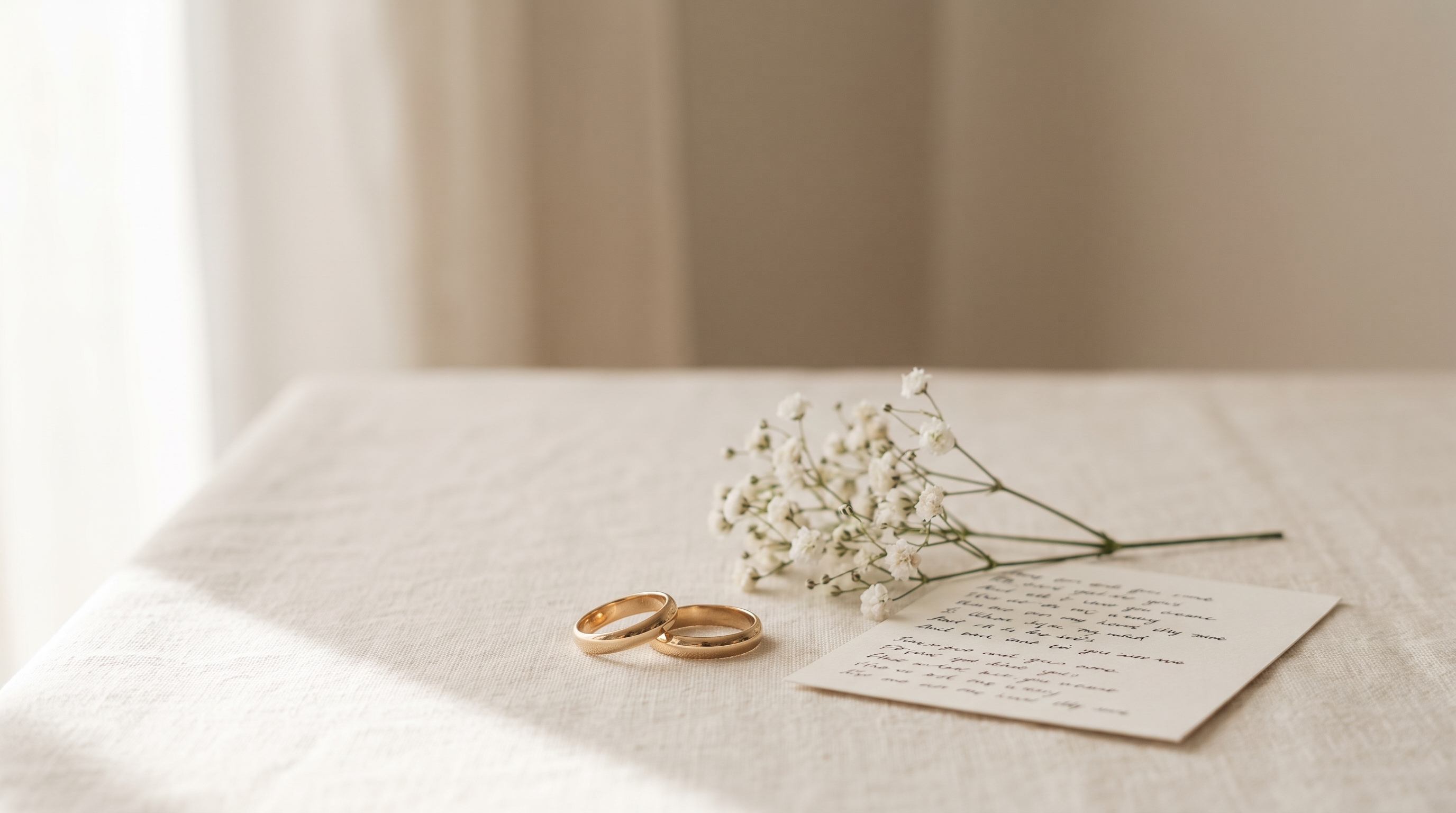 Hochzeitslieder Standesamt: Eheringe und Songkarte auf hellem Leinen